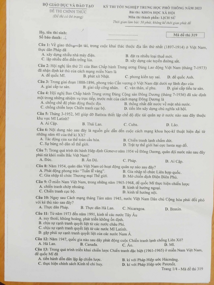 Đề thi THPT 2023 môn Lịch sử - 1