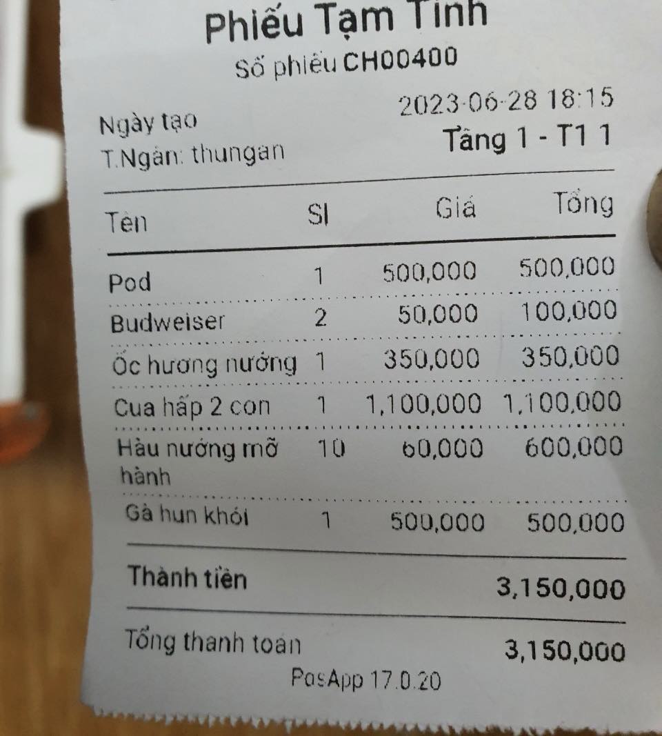 Hoá đơn thanh toán của anh T.
