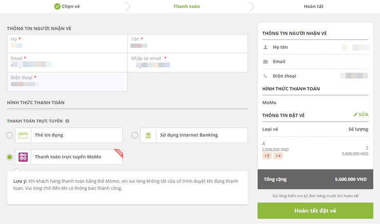 Xác nhận thông tin thanh toán và hoàn tất đặt mua vé.