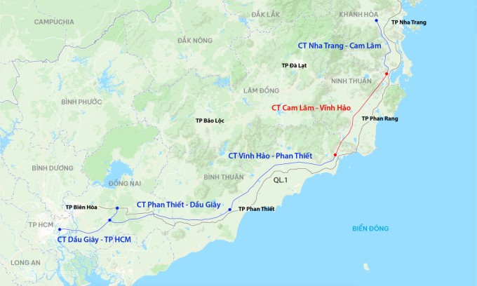 Hướng tuyến cao tốc Bắc Nam từ TP HCM đến Nha Trang. Đồ họa: Đăng Hiếu