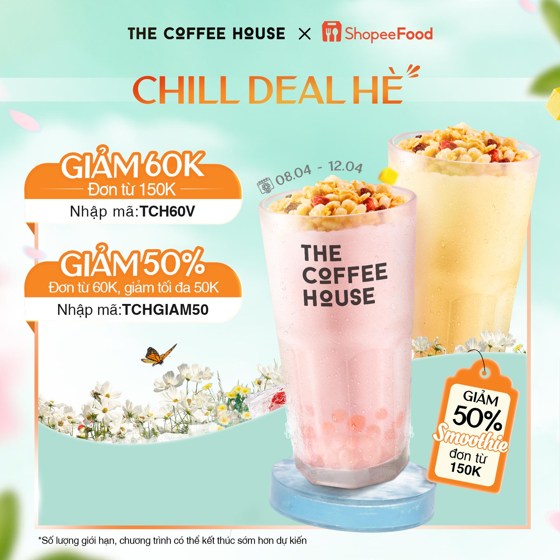 The Coffee House mạnh tay khao người dùng mã giảm giá lên đến 60.000 đồng áp dụng cho toàn bộ menu. Phải lên ShopeeFood order ngay nào mọi người ơi!