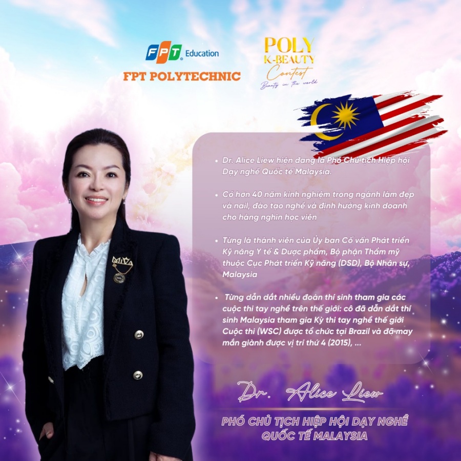 Alice Liew, Phó Chủ tịch Hiệp hội Dạy nghề Quốc tế Malaysia (MIVA) (Ảnh: BTC cuộc thi Poly K-Beauty Contest)