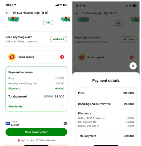Đơn hàng GoFood giảm giá đáng kể khi dùng gói Freeship GoFood Plus và cùng lúc áp dụng kết hợp nhiều chương trình ưu đãi