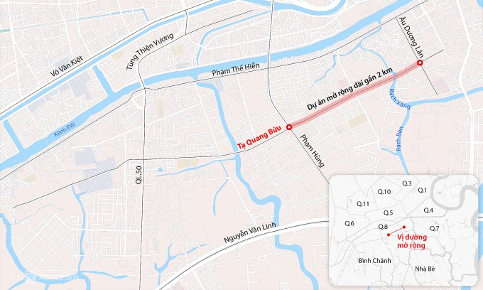 Vị trí đường Tạ Quang Bửu ở cửa ngõ phía nam TP HCM. Đồ hoạ: Đăng Hiếu