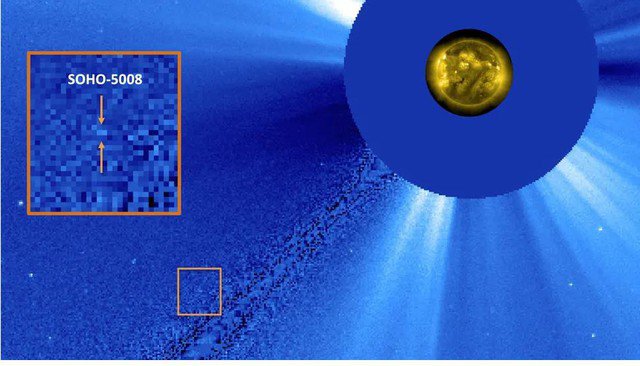 Vật thể mới lạ xuất hiện gần Mặt Trời giữa nhật thực là sao chổi SOHO-5008 - Ảnh: ESA/NASA/SOHO/USNRL/LASCO C3
