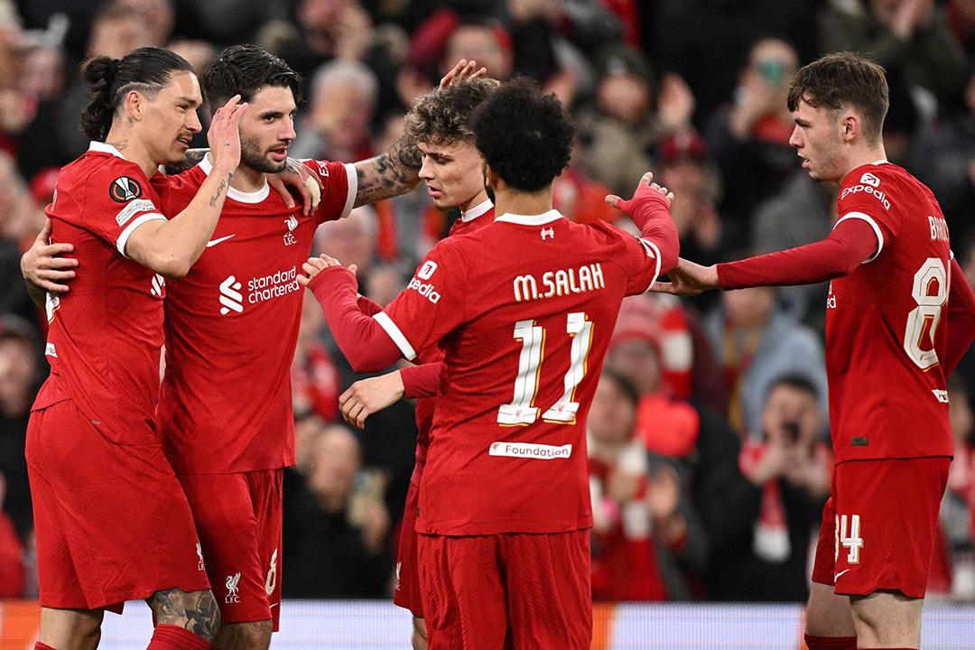 Liverpool vượt qua Sparta Praha với tổng tỷ số 11-2 ở vòng 1/8 Europa League. (Ảnh: OLI SCARFF)