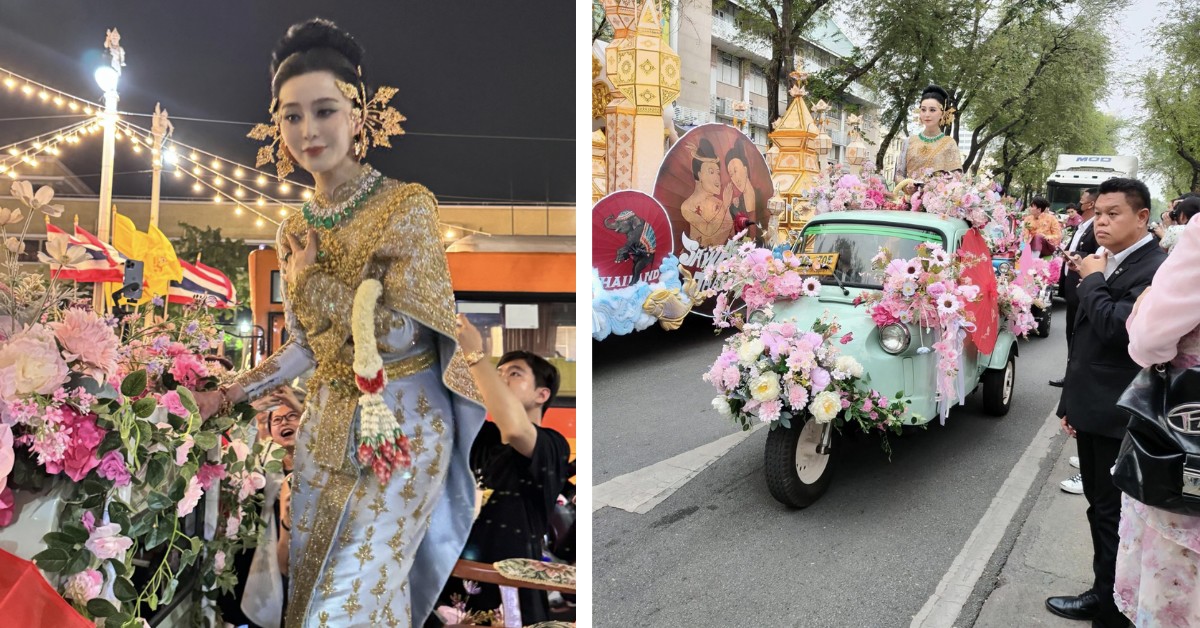 Phạm Băng Băng nổi bật trên xe diễu hành qua các con phố tại Thái Lan. Năm nay, lễ hội té nước diễn ra từ 11-15/4. Ảnh: Weibo.