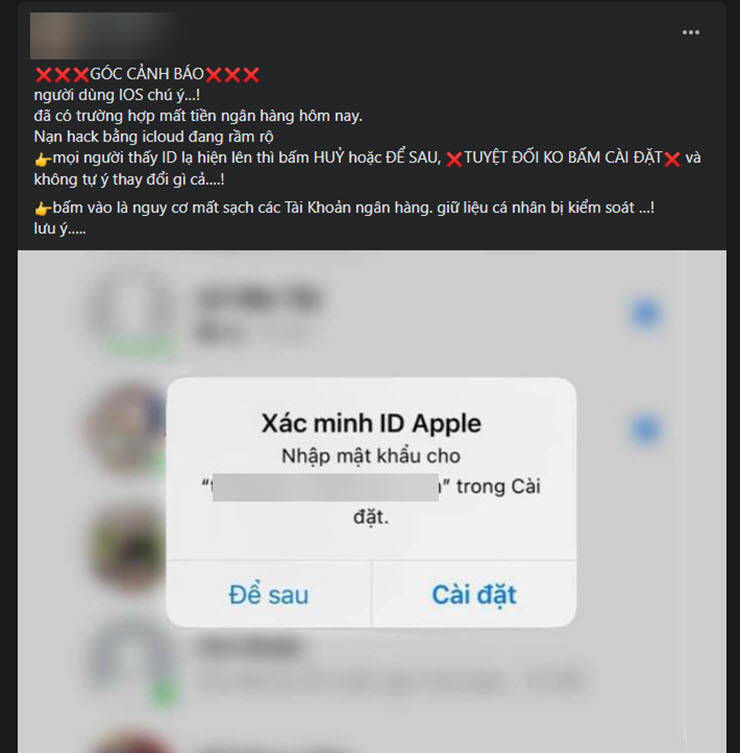 Một bài đăng cảnh báo về thông báo “Xác minh ID Apple” trên MXH Facebook.