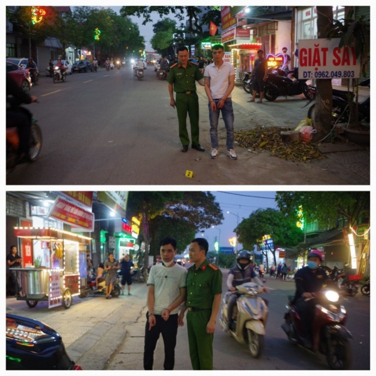 Công an huyện Tam Dương dẫn giải Dương Văn Tiến và Phạm Quang Huy đến hiện trường gây ra vụ cướp giật tài sản.