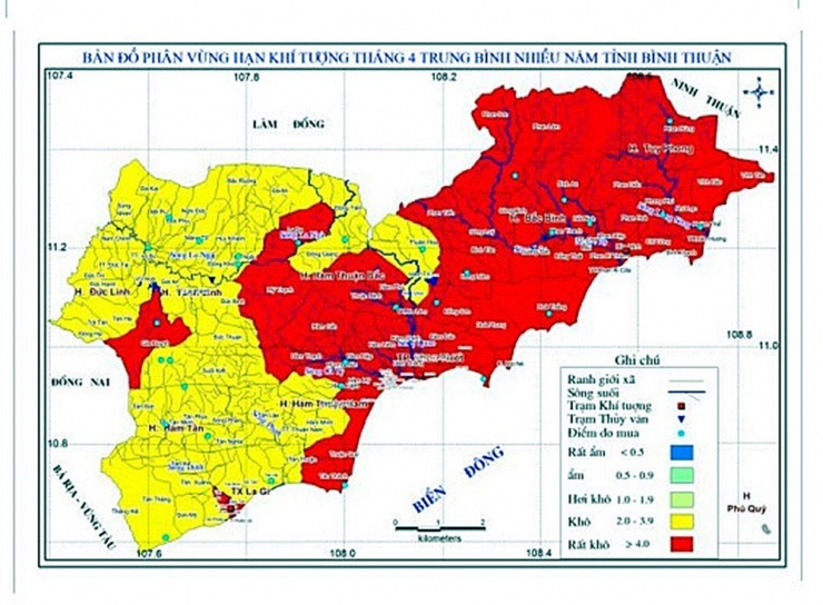 Bản đồ khô hạn tháng 4 nhiều năm tại Bình Thuận.