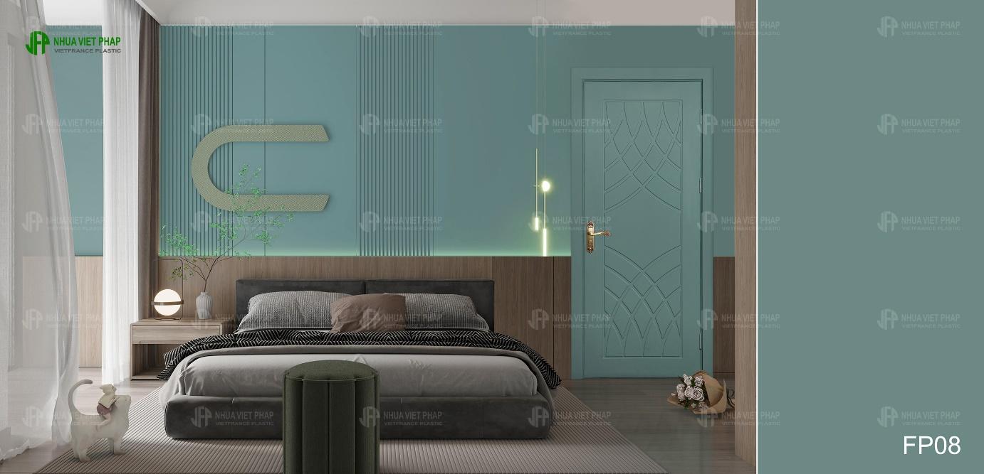 Mẫu cửa màu xanh mã FP08 đồng bộ với tấm ốp nội thất