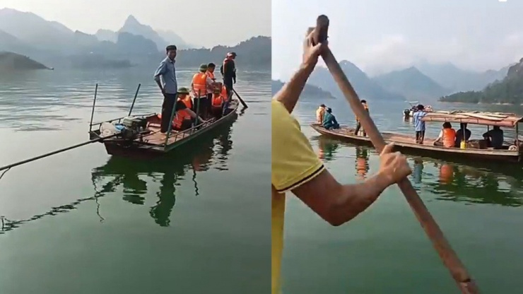 Lực lượng chức năng huyện Sìn Hồ, tỉnh Lai Châu đang tìm kiếm nạn nhân vụ lật thuyền. Ảnh PV