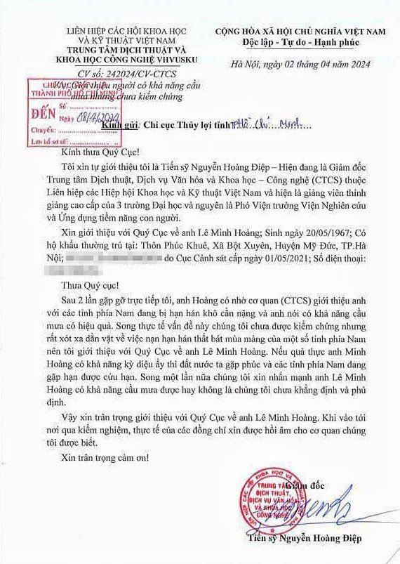 Văn bản giới thiệu ông Hoàng vào TP Hồ Chí Minh cầu mưa giúp người dân thoát cảnh hạn hán.