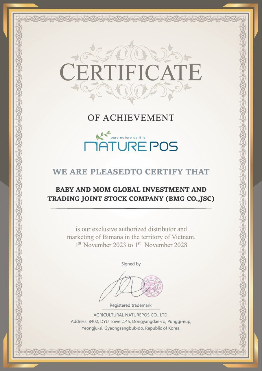 Giấy chứng nhận Nhà Phân phối chính hãng độc quyền tại Việt nam từ Công ty NATUREPOS Hàn Quốc