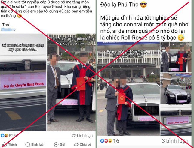 Hai trong nhiều hình ảnh, thông tin thất thiệt "Bố tặng con xe Rolls-Royce trong lễ tốt nghiệp" lan truyền trên mạng xã hội tối 3/3.
