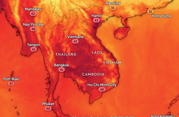 Nhiệt độ ở một số thành phố châu Á lúc 12h trưa thứ Bảy, 20/4. Ảnh: Zoom Earth, OpenStreetMap.
