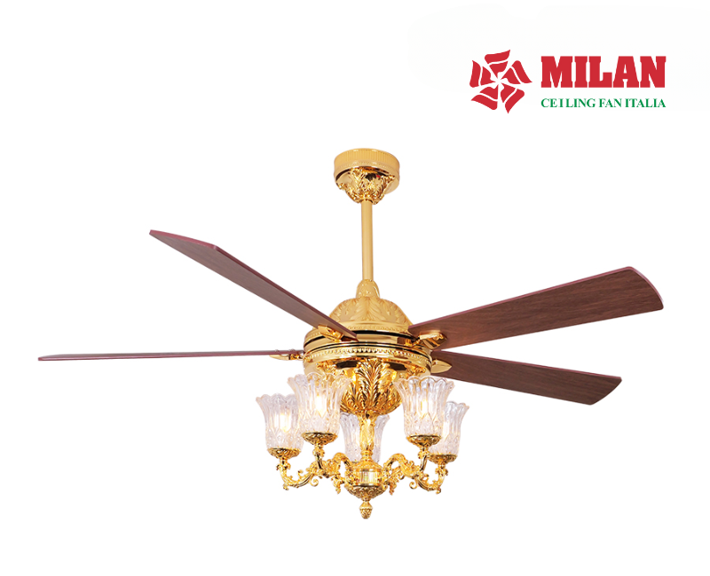 Quạt trần có đèn 5 cánh FY968 – thân đồng mạ vàng 9999, cánh quạt màu nâu vân gỗ sang trọng