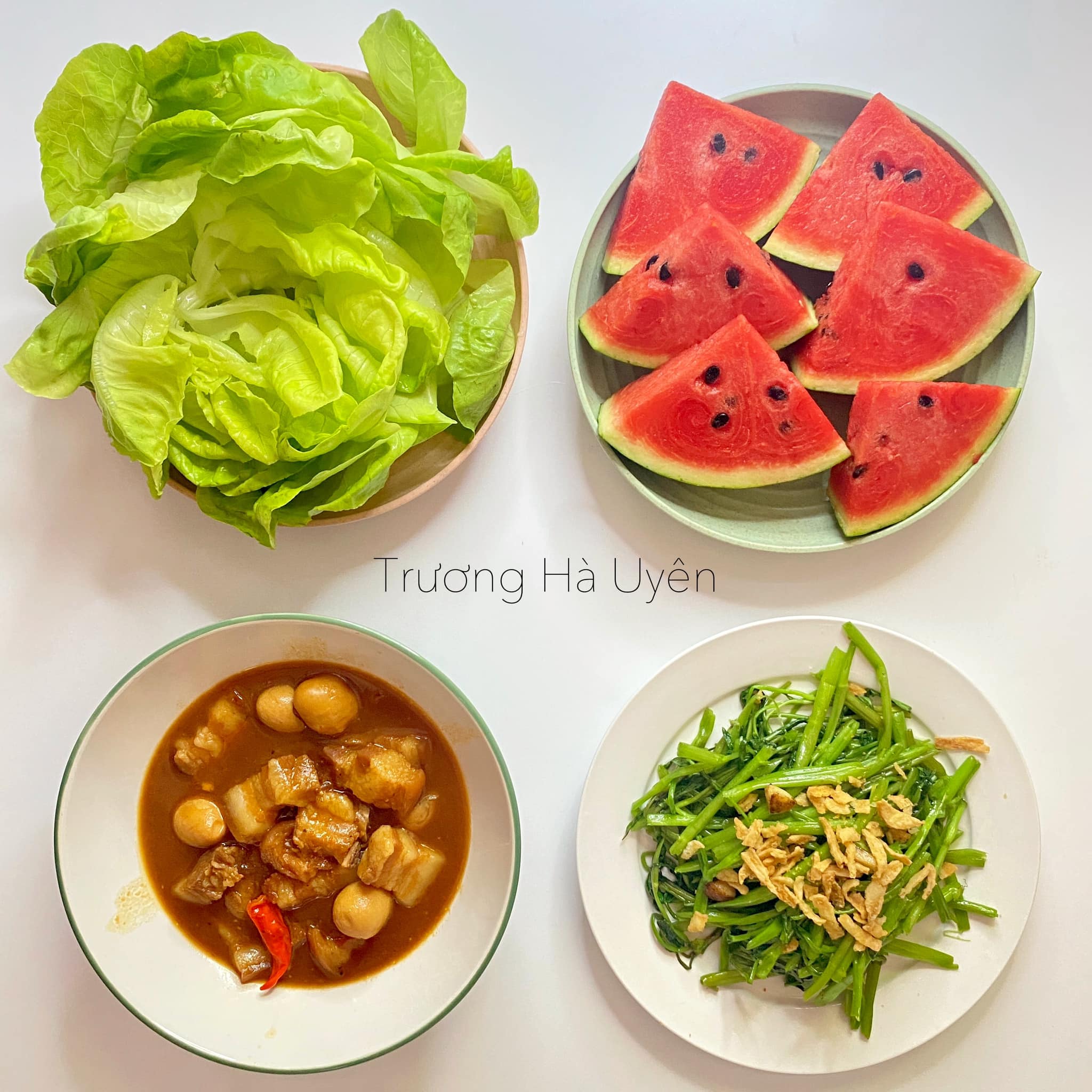 Thịt kho trứng + Rau muống xào tỏi + Dưa hấu