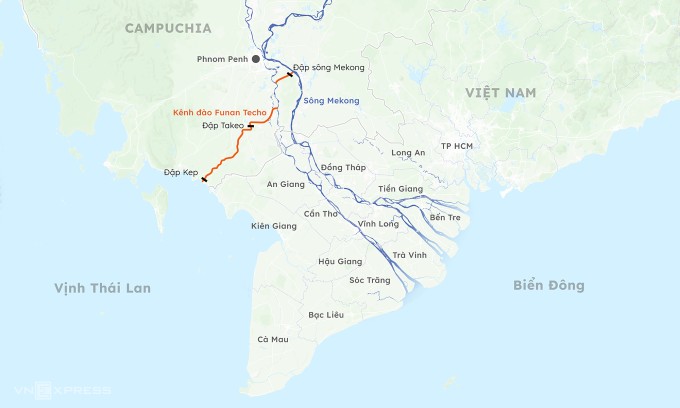 Hướng tuyến kênh đào Funan Techo. Đồ họa: Khánh Hoàng