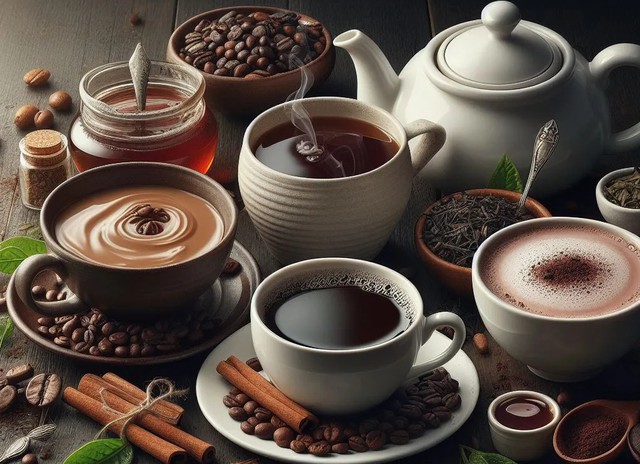 Cà phê, trà, ca cao có thể xem như một phần của chế độ ăn nhằm chống lại béo phì, rối loạn mỡ máu... - Ảnh đồ họa AI