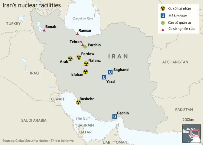 Vị trí các cơ sở hạt nhân của Iran. Đồ họa: FT