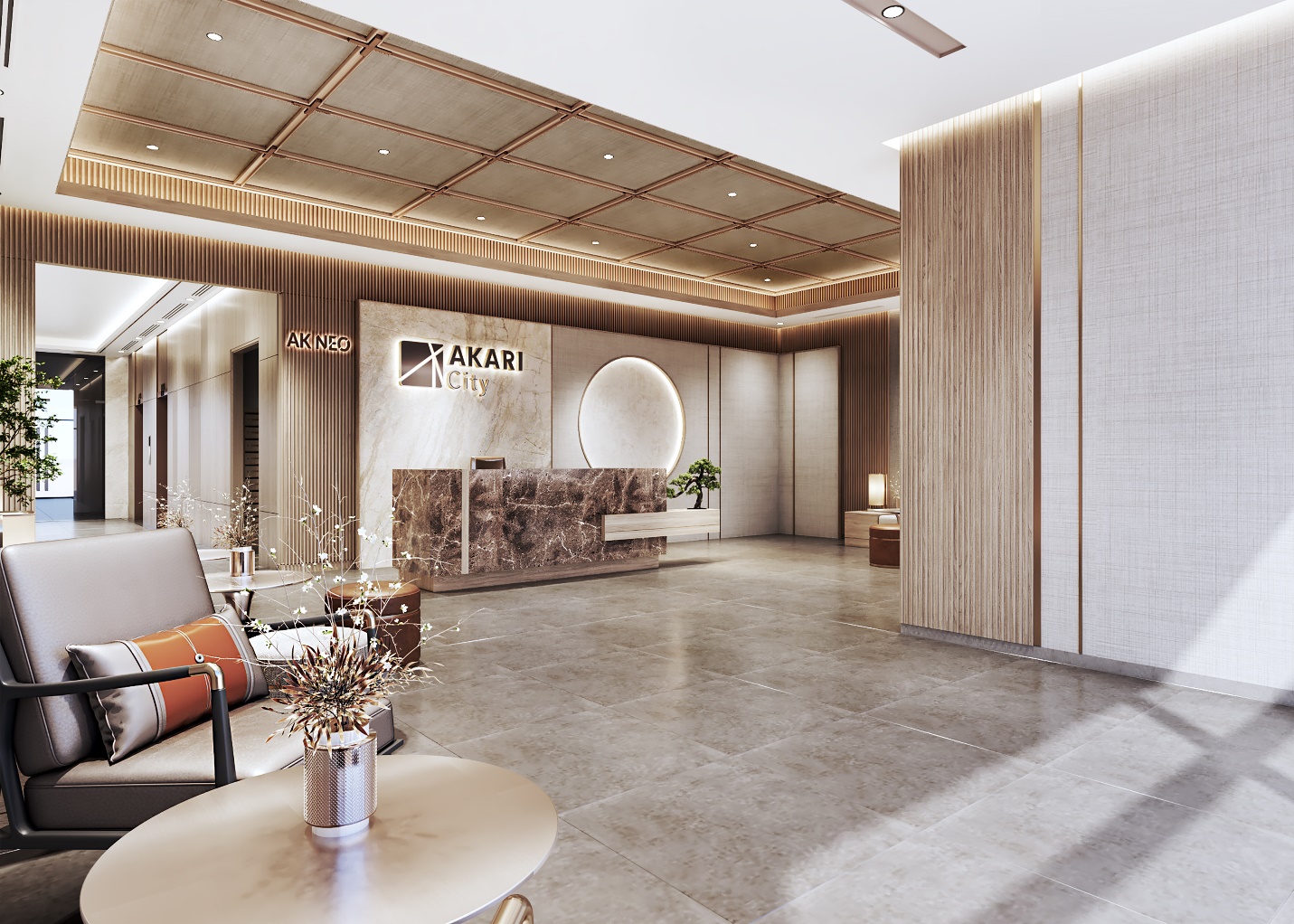 Sảnh đón tháp AK NEO với những chi tiết mang đậm tinh thần Nhật Bản