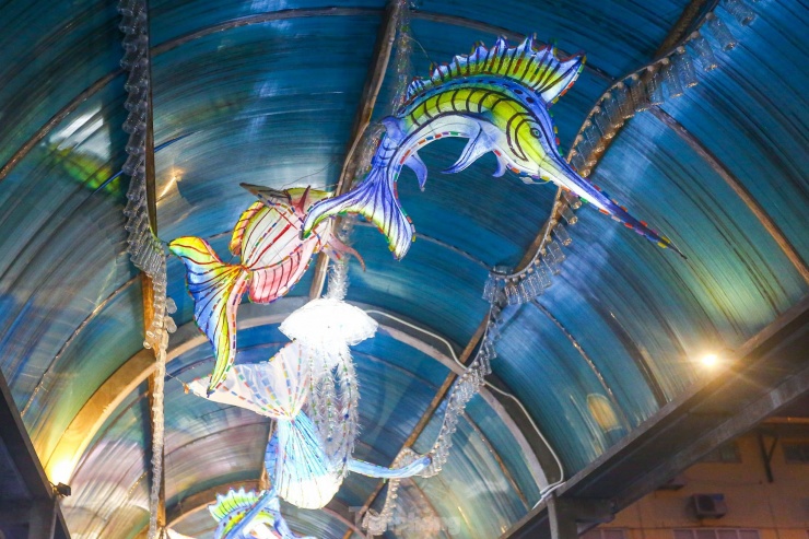 Các loài cá, mực, sứa…được làm từ vỏ chai nhựa, cốc nhựa, ống hút nhựa, ni lông tái chế… được thu gom từ khắp nơi trong thành phố. Sắp đặt các loài cá đại dương được hấp thu ánh sáng bởi hệ thống đèn hắt dọc 2 bên vòm cầu, hệ thống ánh sáng đèn led bên trong.