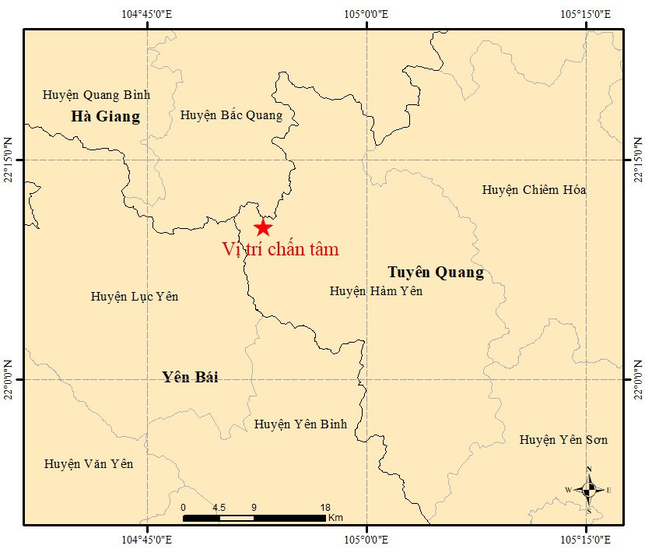 Tâm chấn trận động đất chiều nay ở Tuyên Quang.