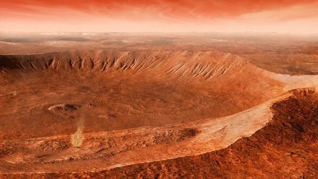 Hình minh họa một hố va chạm trên sao Hỏa. Một lý thuyết bên lề gọi là "panspermia" cho rằng các thiên thạch, giống như thiên thạch tạo ra miệng núi lửa, cũng có thể mang đến sự sống ngoại hành tinh. (Ảnh: Steven Hobbs/Stocktrek Images qua Getty Images)