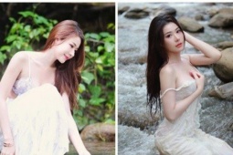 Bạn trẻ - Cuộc sống - Đi tắm suối “trốn nóng”, hot girl mặc hở khoe vòng một căng đầy