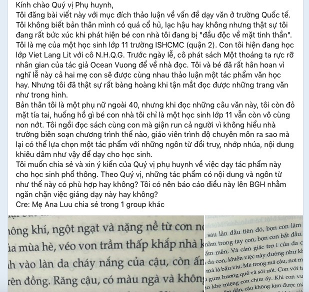 Bài đăng nhận nhiều phản hồi của một phụ huynh tự nhận có con học lớp 11 tại Trường Quốc tế TPHCM. Ảnh chụp màn hình.