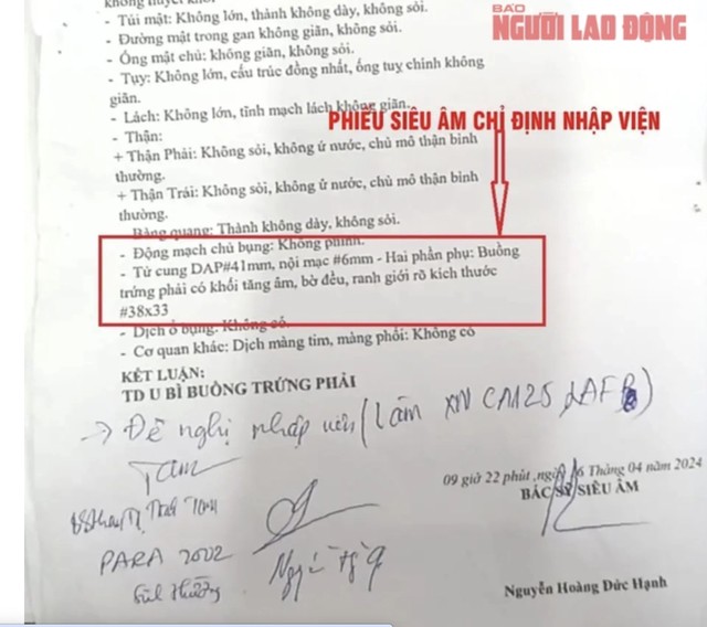 Phiếu siêu âm ngày 16-4 của Bệnh viện Đa khoa Quảng Nam xác định chị L. bị "u bì buồng trứng phải". Ảnh: Trần Thường