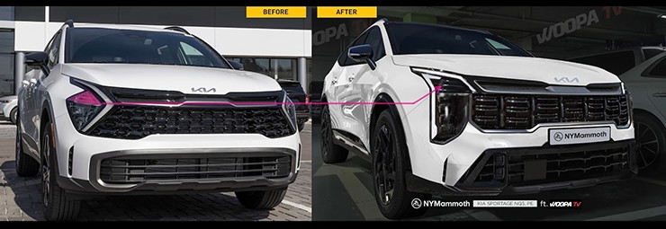 Sự khác biệt giữa KIA Sportage hiện tại (trái) và bản dựng đồ họa dự đoán bản facelift (phải). Ảnh cắt từ video, nguồn: NYMammoth