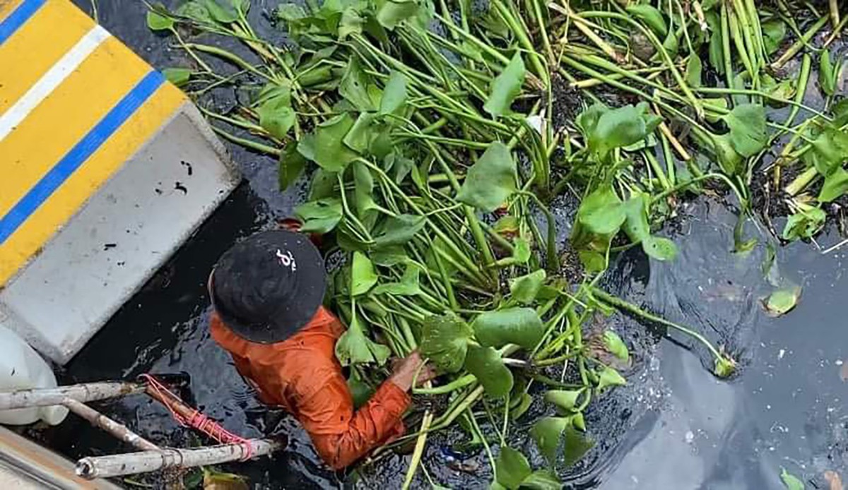 Nhóm công nhân trầm mình dưới dòng kênh đen, sử dụng cây đẩy rác, lục bình gọn về một phía. Một tốp công nhân khác phối hợp trên bờ,&nbsp;thu gom rác, lục bình đã được trục vớt lên, mang lên xe rác xử lý.