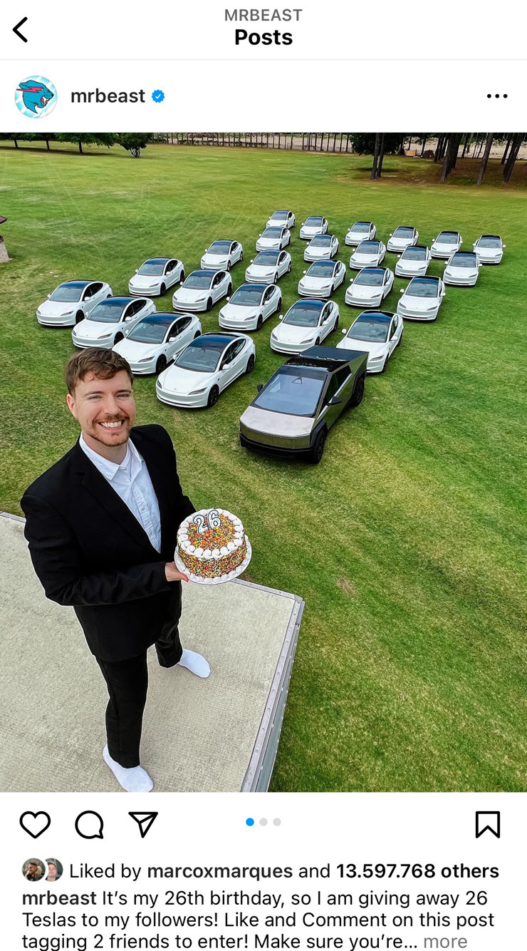 Bài đăng tuyên bố trao thưởng xe Tesla mừng sinh nhật của MrBeast trên IG.
