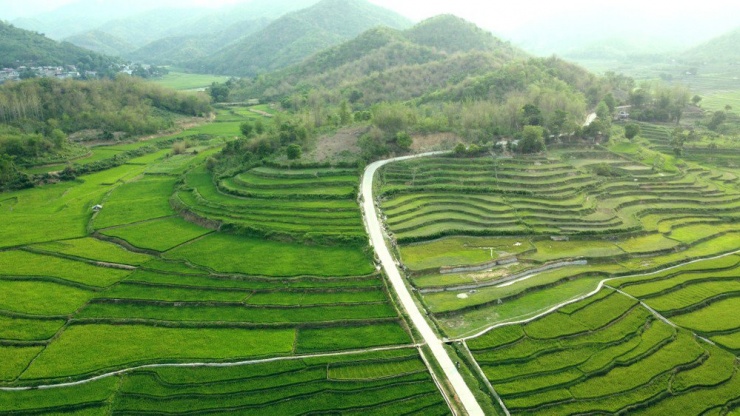 Những thảm ruộng bậc thang, xen giữa là con đường nối lên bản Suốt Tút, Quang Chiều lúc hoàng hôn mang lại cảm giác trải nghiệm giữa núi đồng trùng trùng, điệp điệp.