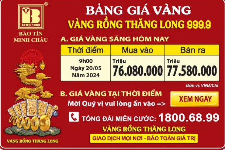 Giá Vàng Rồng Thăng Long- Bảo Tín Minh Châu ngày 20.05.2024
