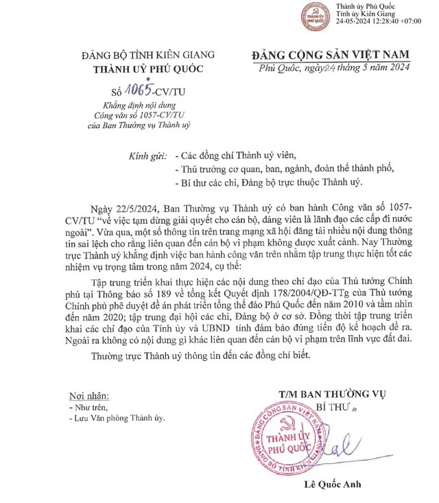 Thành ủy Phú Quốc khẳng định công văn tạm dừng cho lãnh đạo đi nước ngoài không liên quan đến vi phạm đất đai