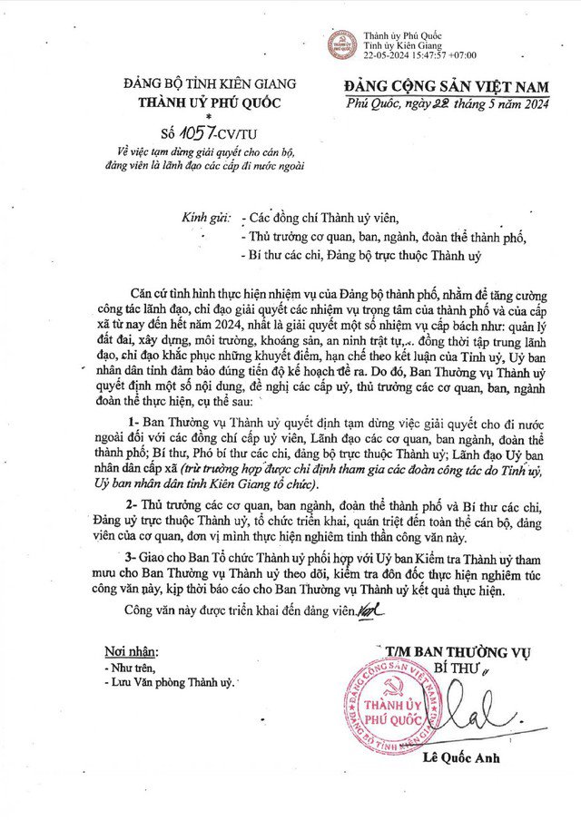 Thành ủy Phú Quốc khẳng định công văn tạm dừng cho lãnh đạo đi nước ngoài không liên quan đến vi phạm đất đai