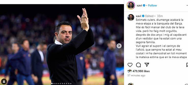 Xavi gửi lời chia tay với các fan Barcelona trên Instagram