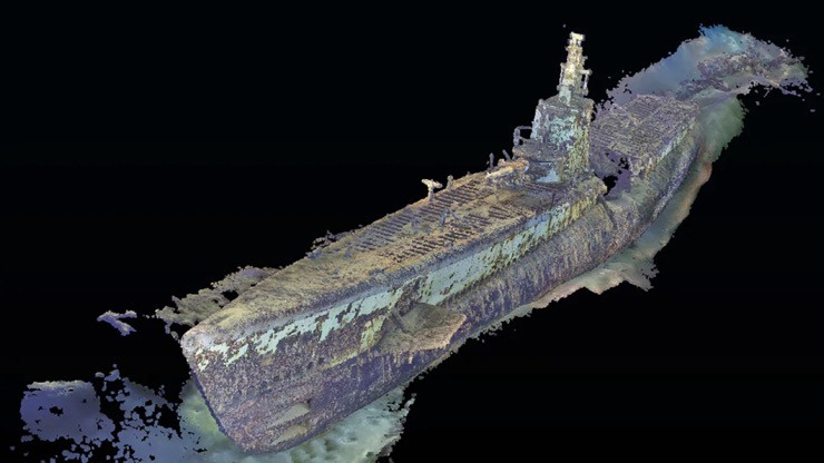 
Hình ảnh xác tàu ngầm USS Harder nằm dưới đáy biển sau khi được phục dựng bằng công nghệ 4D.
