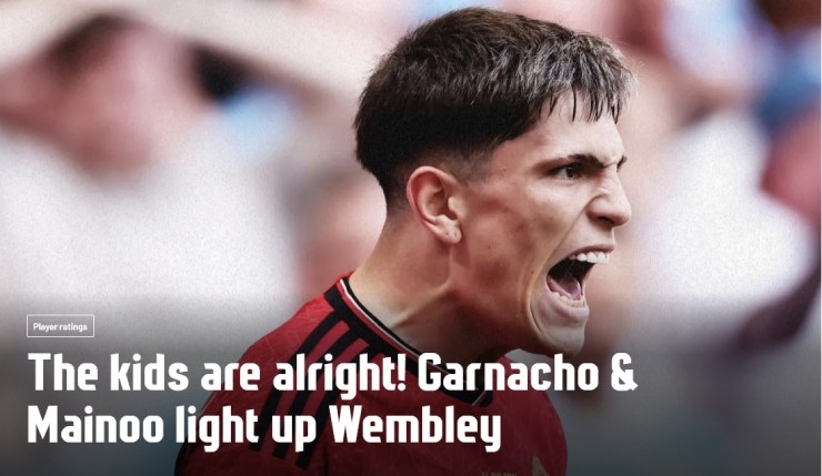 Tờ Goal với dòng tít "Garnacho và Mainoo thắp sáng Wembley"