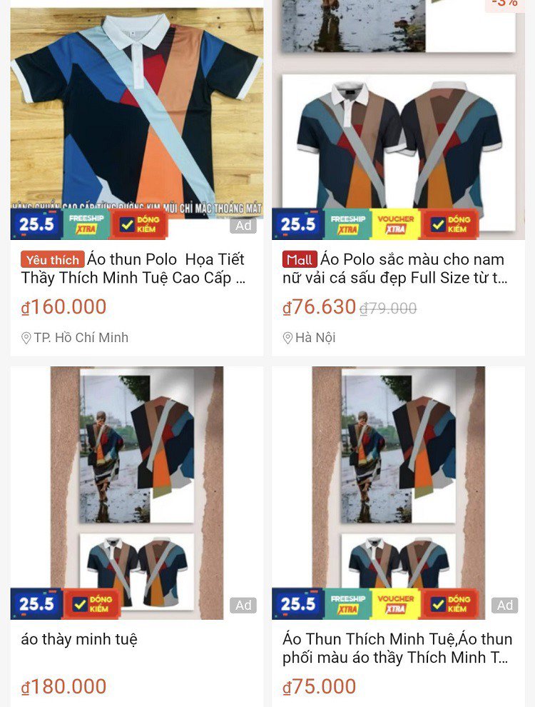 Áo thun có màu sắc giống với trang phục của sư Minh Tuệ được bán khắp các sàn thương mại điện tử. (Ảnh chụp màn hình).
