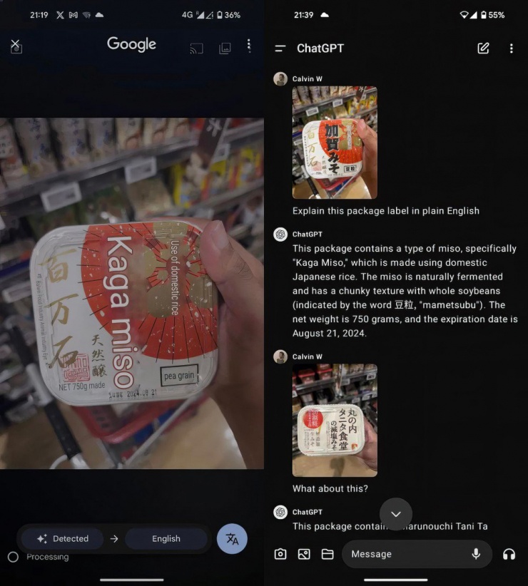 Google Dịch (trái) và ChatGPT (phải) dịch nội dung trên các sản phẩm có tiếng Nhật.