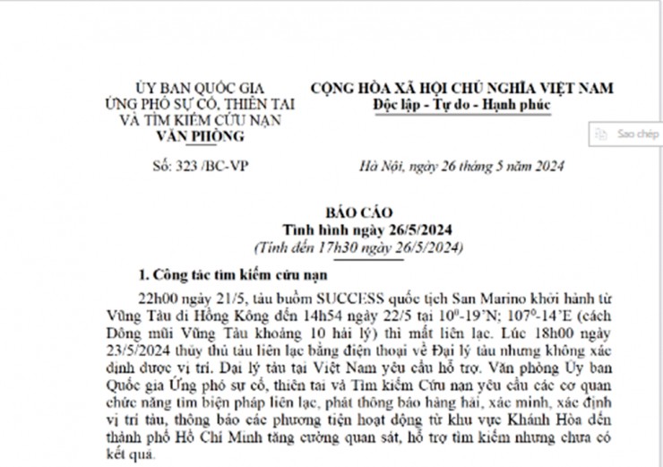 Văn phòng Ủy ban Quốc gia Ứng phó sự cố, thiên tai và Tìm kiếm cứu nạn báo cáo về tàu Success 