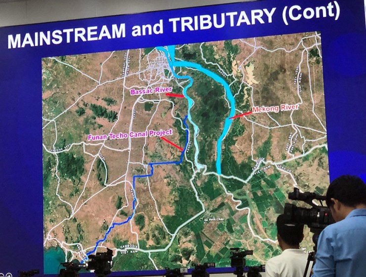 Hình ảnh đồ họa đường đi của kênh đào Funan Techo được Bộ Giao thông Công chính Campuchia cung cấp, cùng với đó là nhận định dự án chỉ tác động tối thiểu đến môi trường. Ảnh: THE PHNOM PENH POST