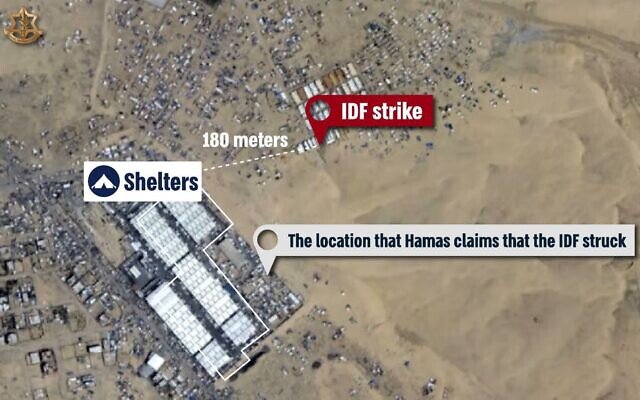 Hìn ảnh do quân đội Israel công bố cho thấy địa điểm không kích của Israel cách khu trại tị nạn 180 mét.
