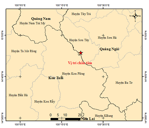 Vị trí tâm chấn (dấu sao) trận động đất trưa nay ở Quảng Ngãi.
