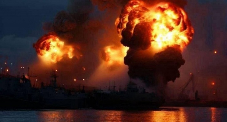 Hình ảnh vụ nổ mà quân đội Ukraine công bố liên quan đến đòn tập kích vào cảng Kavkaz của Nga.