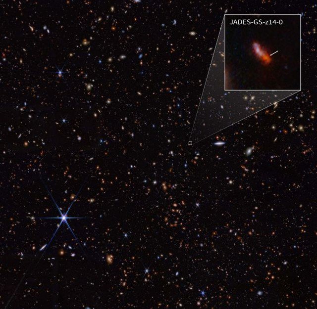 Hình ảnh từ dữ liệu James Webb với vật thể cực đỏ JADES-GS-z14-0 được phóng to - Ảnh: NASA/ESA/CSA